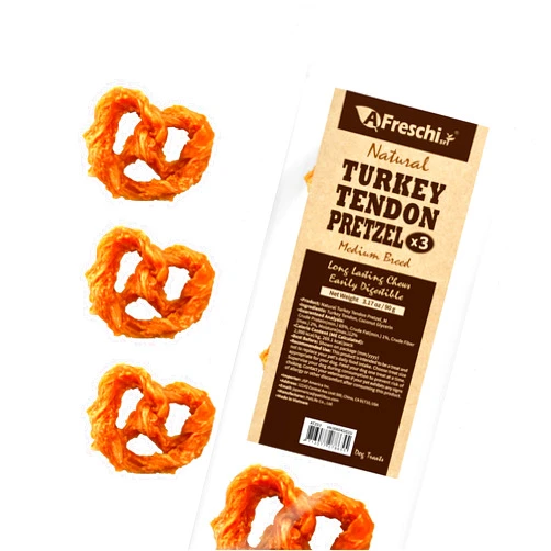 A Freschi srl Afreschi Turkey Tendon for Dogs, Medium Pretzel, 3-Pack, 3.17oz, USA-Sourced Turkey, All Natural Human Grade Dog Chew, Hypoallergenic, Rawhide Alternative, Dog Treats for Medium Breeds