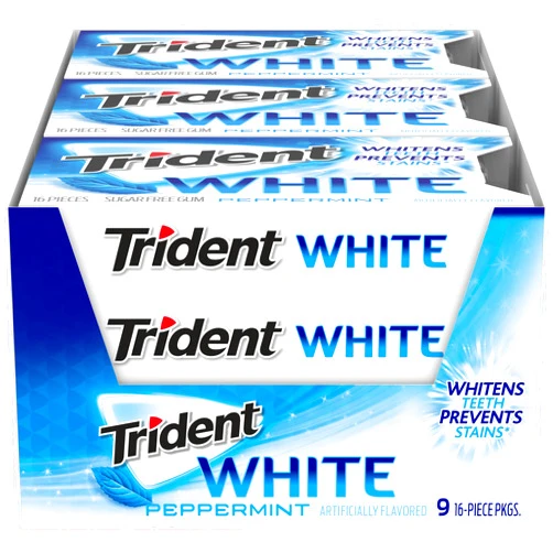Trident White Peppermint Sugar Free Gum, 9 Packs of 16 Pieces (144 Total Pieces)