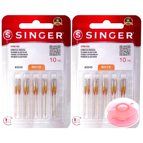 Inceler Singer 20 Counts Stretch Size 80/12-2045 Sewing Machine Needles (2 Packs) Bundle with Inceler Brand Plastic Bobbin for All Household Sewing Machines