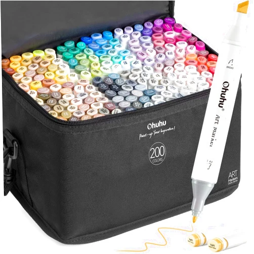 Ohuhu Alcohol Markers 200 Colors - Double Tipped Art Drawing Marker Set for Artists Adults Coloring Sketch Illustration - Chisel & Fine Dual Tip - Oahu of Ohuhu Markers - Alcohol-based Refillable Ink