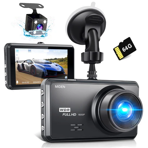 Miden S7 2.5K Dash Cam Front and Rear,64G SD Card,1600P+1080P FHD Dual Dash Camera for Cars,176°+160° Wide Angle,3.2'' IPS Screen Dashcam,G-Sensor,Loop Recording,WDR,Night Vision,24H Parking Monitor