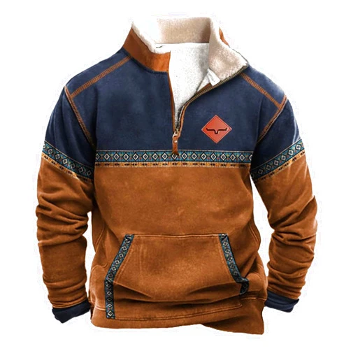 AMDBEL Men's Western Fleece Jacket Cowboy Bull Head Print Pullover 1/4 Zip Stand Collar Fall Long Sleeve Country Sweatshirts