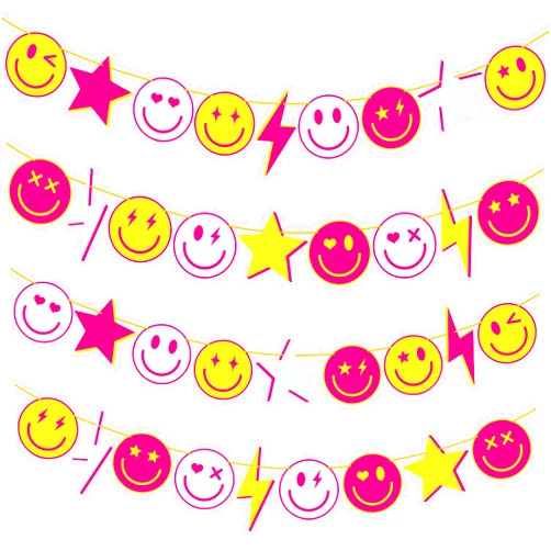 IPartyFun Preppy Party Banners 4Pcs Preppy Smile Face Party Decorations Hot Pink Yellow Smile Face Lightning Star Themed Party Banners for Back to School Party Bachelorette Birthday Party Supplies