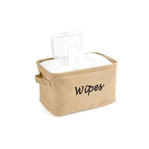 Dejaroo Baskets for Organizing Wipes and Newborn Essentials, Diaper and Wipes Organizer, Embroidered Baby Shower Gifts for Moms, Linen Basket with Handle, 9 x 6 x 5.5 Inches, Natural