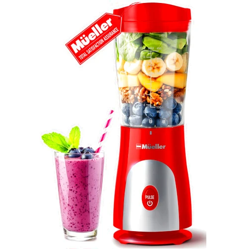 Mueller Smoothie Blender for Smoothies - Personal Blender for Shakes, Frozen Drinks, Baby Food & More, 15oz Travel Cup and Lid, Durable Stainless Steel Blades for Powerful Blending Performance, Red