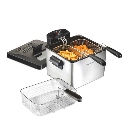 Hamilton Beach Electric Deep Fryer with 3 Baskets and Lid, 4.5 Liters / 19 Cups Oil Capacity, Temperature Control, View Window, Professional Style, 1800 Watts, Stainless Steel (35034)
