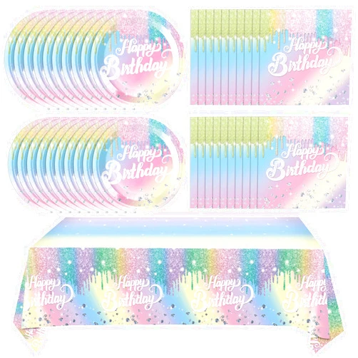 Ryzovo 41Pcs Iridescent Happy Birthday Party Decorations, Popular Birthday Party Supplies Include 20 Plates, 20Napkins and 1 tablecloth for Girls Kids Birthday Theme Party, Serve 20