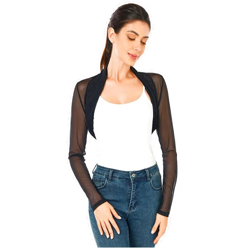 AmélieBoutik Women Ruched Long Sleeve Bolero Cropped Sheer Shrug Open Front Cardigan Lightweight Knit