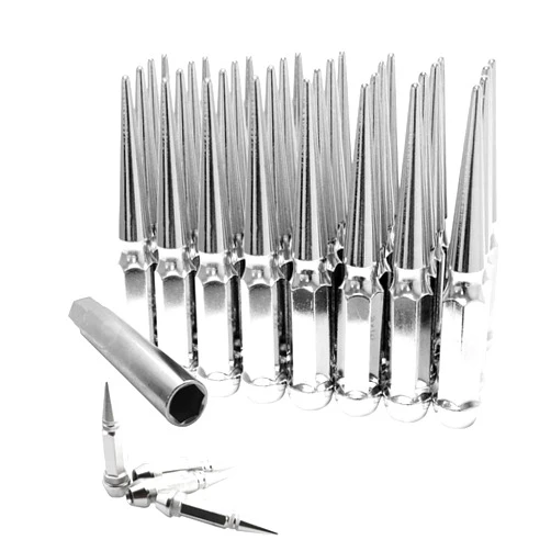 Hunting Horse Set of 32 6 Inch Tall M14x1.5 Spike Lug Nuts with 4PCS Tire Valve Stem Caps and 1PC Socket Key, Chrome