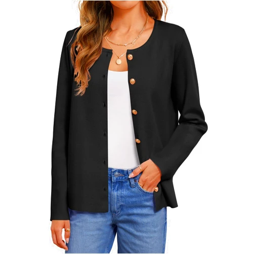 MEROKEETY Women's Button Down Knit Cardigan Sweaters Long Sleeve Crew Neck Solid Color Basic Jacket