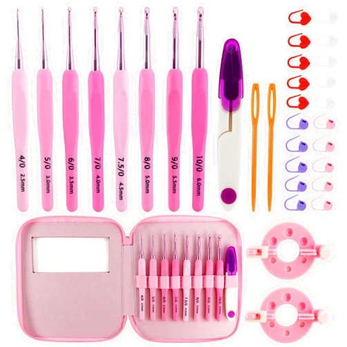 AEXHOT 34PCS Crochet Hooks Set, 8 sizes 2.5-6 mm High-Quality Pink Gradient Aluminum Ergonomic Soft Handle Crochet with Case and Crochet Kit for Beginners Adults for Arthritic Hands Crochet Needle Set