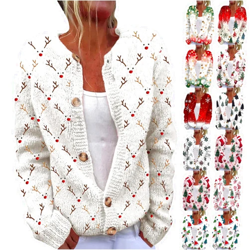 hamovessi Ugly Christmas Sweater Women Plus Size Print Button up Cardigan Sweaters Winter Warm Cozy Cable Knit Sweater Coats