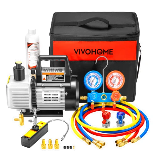VIVOHOME 110V 1/3 HP 4CFM Single Stage Rotary Vane Air Vacuum Pump and AC Manifold Gauge Set Kit with Leak Detector for R134a R12 R22 R502 R410a HVAC Air Conditioning Refrigeration Recharging, Black