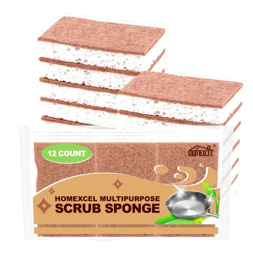 HOMEXCEL Natural Scrub Sponges Kitchen 12 Pack, Non-Scratch Cleaning Sponges for Dishes, Cellulose Sponges Safe on Non-Stick Cookware, Dual Sided Dish Sponge for Washing Dishes, Kitchen and Household