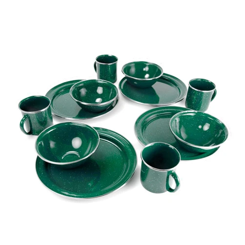 GSI Outdoors Pioneer Enamel 12 Pieces (4-Person) Dish Set I Enamelware Dishes Including Plates, Bowls and Mugs for Camping, Outdoors, RV, Camp, Green
