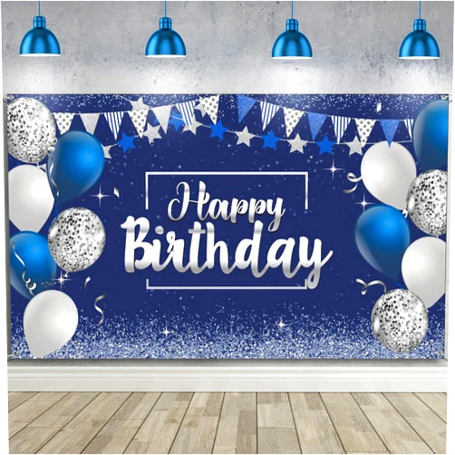 Tatuo Happy Birthday Decorations Backdrop Banner, Glitter Birthday Backdrop Sign Poster Party Supplies Photo Background for Men Women, 72.8 x 43.3 Inch(Silver and Navy Blue)