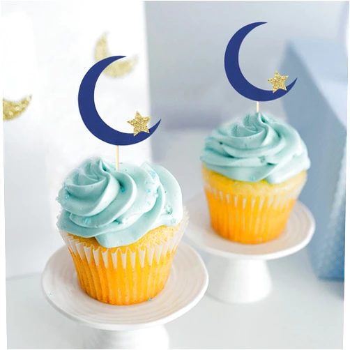 Agkvw 12pcs Moon and Star Cupcake Toppers - over the Moon Cupcake Toppers, Twinkle Twinkle Little Star Cupcake Toppers, Outer Space Theme Party Decorations