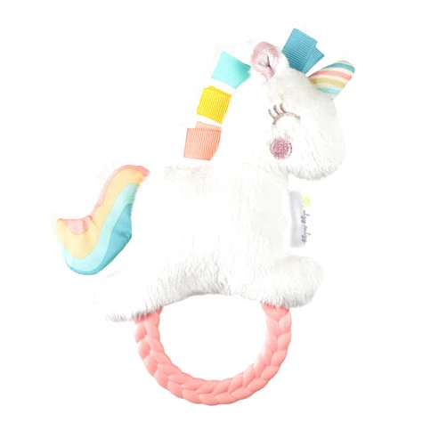 Itzy Ritzy - Ritzy Rattle Pal with Teether - Baby Teething Toy Features A Minky Plush Character, Gentle Rattle Sound & Soft Teether Toy for Newborn (Unicorn)