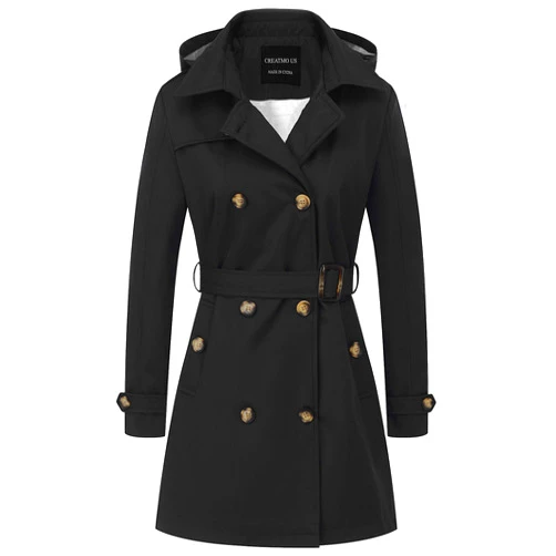 CREATMO US Women's Trench Coat Double-Breasted Classic Lapel Overcoat Belted Slim Outerwear Coat with Detachable Hood