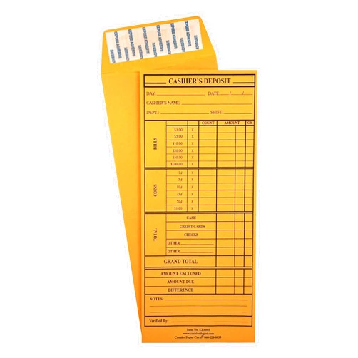 CASHIER DEPOT YOUR ONE STOP SHOP FOR ALL CASHIER'S NEEDS 100 Cashier Depot - Cashier's Report Envelopes EZ400S, 4 1/8 x 9 1/2 Inches, Brown Kraft Paper, Peel & Seal, Pre-Printed Cash Report Form, for Business Deposits, 100 Count