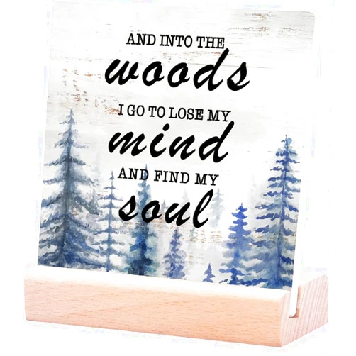 Polilike and Into The Woods I Go to Lose My Mind Table Sign Home Decor Rustic Ceramic Table Plaque with Wooden Stand Block Plaque for Wall Tabletop Desk Home Decoration