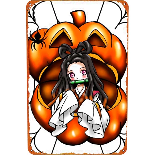 KIVYYB Nezuko chan Halloween Animation Posters Tin Sign Cafe bar Home Wall Art Decoration Retro Metal Tin Sign 8x12 inch
