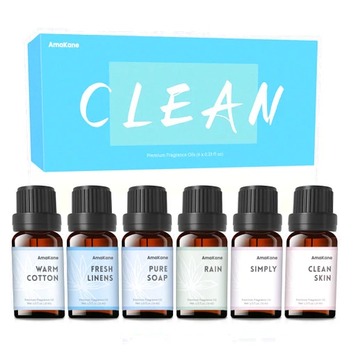AmaKane Fragrance Oils Clean Set, 6 Premium Soap Making Scents, Fragrance Oil for Candle Making, Essential Oils for Laundry, Fresh Linen, Clean Skin, Warm Cotton and More Aromatherapy Diffuser Oils