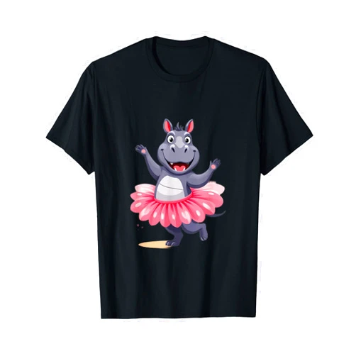 Oeiras Design Studio Cute Hippo in Tutu Unisex-Kids T-Shirt Black Cartoon Animal Short Sleeve Casual T-Shirt Small