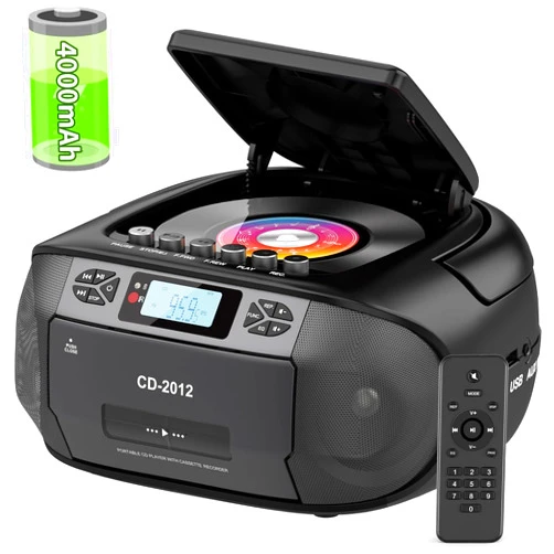 Sunoony Boombox Cassette CD Player Combo with Bluetooth5.3,FM Radio,Remote Control,Tape Recording,Dual Stereo Speakers,Built-in 4000mAh Rechargeable Battery,3.5mm Earphone Jack/AUX/USB for Home