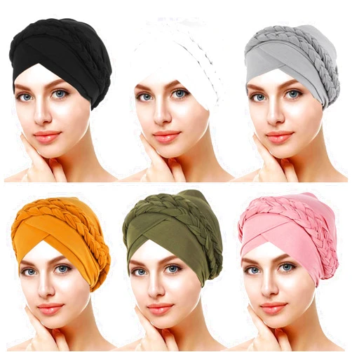 XIAOBLESS African Women Turban Caps Beanie Twist Headscarf Pre Tied Double Braid Headwrap Hat (Black White Green Gray Yellow Watermelon Red)