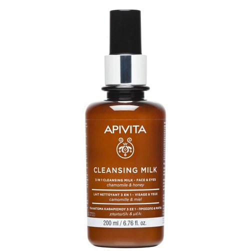 APIVITA Cleansing Milk | Hydrating & Smoothing 3-in-1 Cleansing Milk Face & Eye Cleanser + Makeup Remover with Chamomile & Honey, 200 mL / 6.67 oz