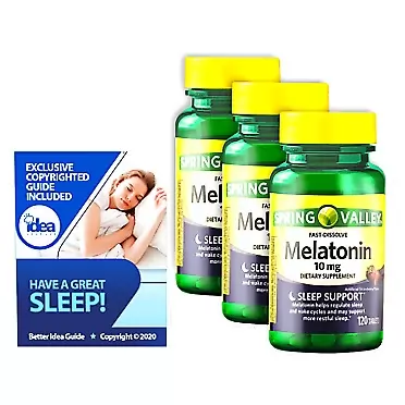 Idea Shop USA Melatonin Fast Dissolve Tablets, Sleep Support by Spring Valley, 10 mg, 120 Ct (3 Pack) + “Have a Great Sleep - Better Idea Guide©”