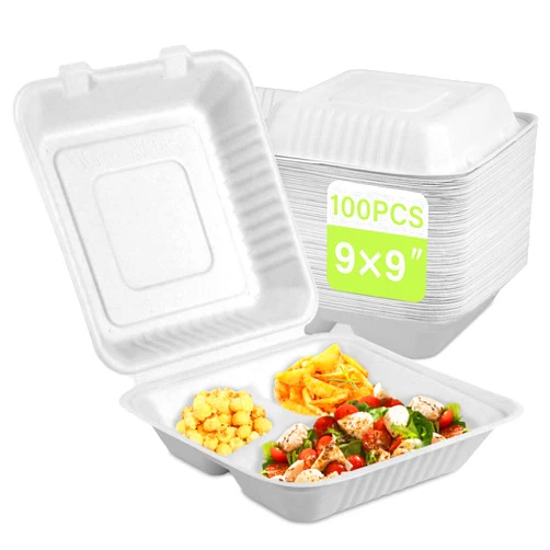 Greensight 9x9 Clamshell Food Containers, 100 Pack Disposable Take Out Food Container With 3 Compartments, Compostable To Go Boxes, Eco Friendly To Go Containers With White Bagasse