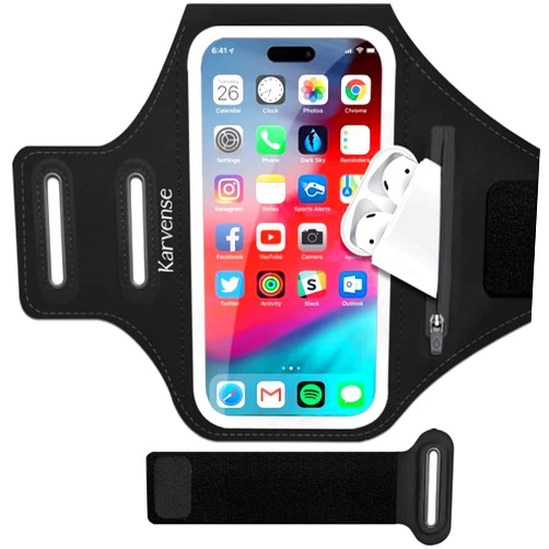 Karvense Phone Holder for Running- Karvense Phone Arm Bands for Running Gym Workout Jogging， for iPhone 15 Pro Max/15 Plus/14 Pro Max/13 Pro Max, Samsung Galaxy S24 Ultra/Plus, to 6.8’’, Cell Phone Armband-L