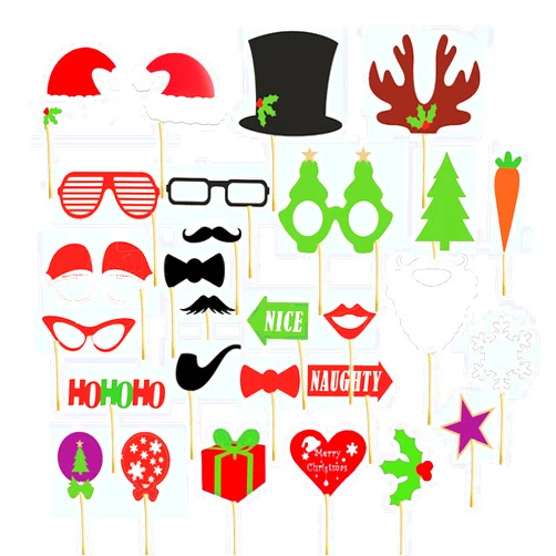 EasyULT 28pcs Christmas Photo Booth Props DIY Accessories Kits, Photography Christmas Accessories, Selfie Props for Christmas, Colorful Glasses Mustache Lips Bow Tie Hats on Sticks
