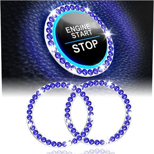 LivTee 2 PCS Crystal Rhinestone Car Engine Start Stop Decoration Ring, Push to Start Button Cover/Sticker, Bling Car Interior Accessories for Women, Key Ignition & Knob Bling Ring, Dark Blue
