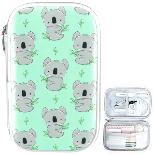 ZZKKO Cute Koala Green Leaves Pencil Bag Case Zipper Pencil Holder Organizer Stationary Pen Bag Cosmetic Makeup Bag Pouch Purse for School Office Supplies
