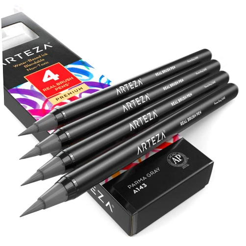 Arteza Real Brush Pens, A143 Parma Gray, Pack of 4, Watercolor Pens with Nylon Brush Tips, Art Supplies for Dry-Brush Painting, Sketching, Coloring & Calligraphy