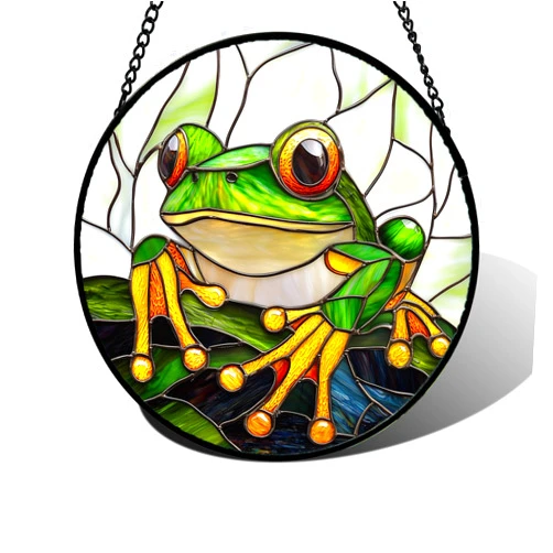 DASTOLL Stained Glass Window Hanging, Green Frog White Petals Sun Catchers Colorful Glass Panel Cute Suncatcher Decor for Birthday for Women, Men, Wife, Aunt, and Mom 6.3 in