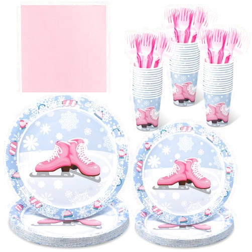 Zubebe 120 Pcs Ice Skating Party Supplies Roller Skating Paper Plates and Napkins Skate Birthday Party Decorations Disposable Tableware Winter Wonderland Paper Plate Sets, Serve for 24 Guests