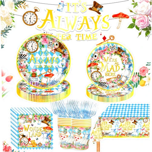 Generic 122PCS Wonderland Themed Birthday Party Supplies for 24 Guests - Girls Kids Birthday Party Decorations Tableware Including Paper Plates Napkins Banner Tablecloth for Tea Party