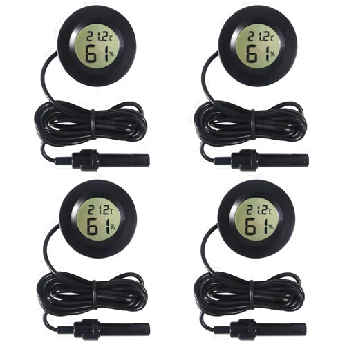 ATNSINC 4PCS Mini Thermometer Hygrometer with Probe Round Digital Humidity Gauge with LCD Dispaly Indoor Outdoor Hygrometer Thermometer for Greenhouse Incubator Reptile Terrarium Humidor (Black)