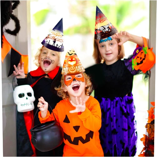 HEYPOMAX 6Pack Spooky Fun Halloween Paper Cone Hats, Whimsical Prints for Creepy-Cute Decor & Party Pics