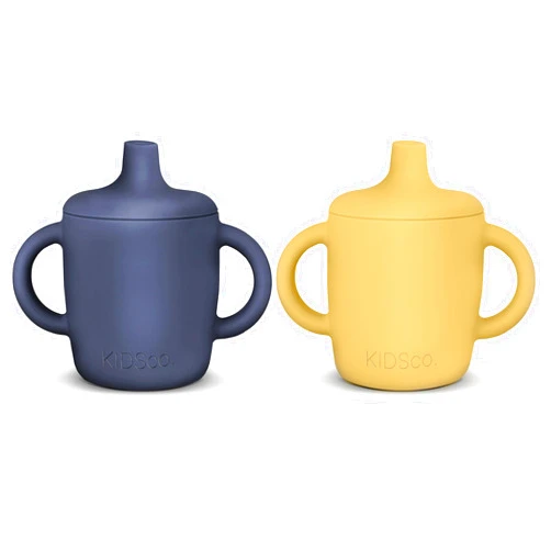 KIDSco. Silicone Sippy Cup and Training Cup for Baby 6 months+ Soft Spout and Handles Unbreakable Easy Grip for Babies 6-12 months and Toddlers 1-3 years 5oz/150ml (Canary and Midnight Blue)