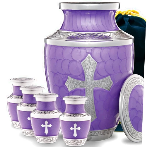 Olivia Memorials Large Purple Urn with Cross - with 4 Small Keepsakes