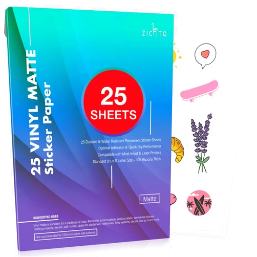 ZICOTO Premium Printable Vinyl Sticker Paper for Your Inkjet and Laser Printer – 25 Matte White Waterproof Decal Paper Sheets - Dries Quickly and Holds Ink Beautifully - Accessories Set for Cricut