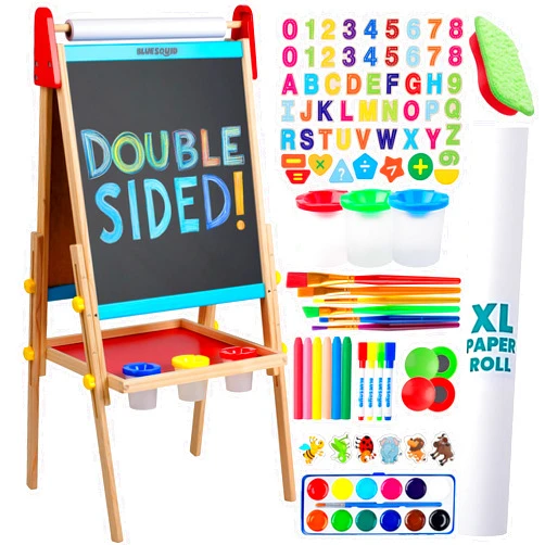 Blue Squid Art Easel for Kids - Dual-Sided Adjustable Wooden Painting Easels with Magnetic Chalk Board, Whiteboard, Paper Roll Including 100+ Accessories, Ideal for Toddlers & Children 3 to 12