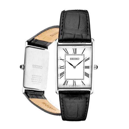SEIKO Essentials Watch for Men - Essentials - Water Resistant with Stainless Steel Rectangular Case and Leather Strap