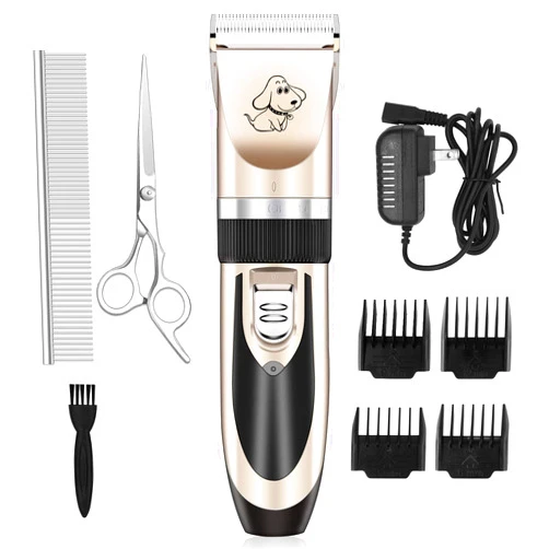 Maxshop Dog Grooming Kit, Low Noise Rechargeable Dogs Shaver Clippers Electric Quiet Dog Hair Trimmer for Dogs and Cats with Comb Guides Scissors Nail Kits (Gold Black)