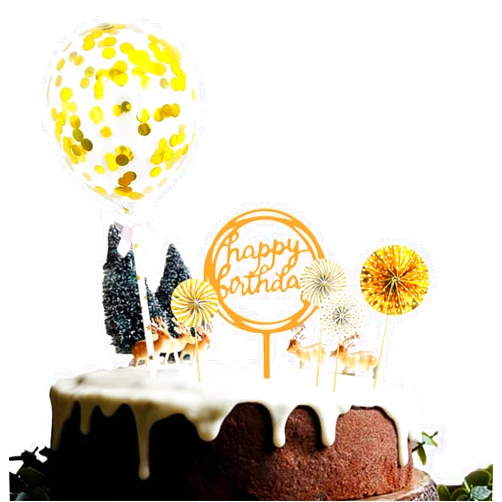 Cadpkler Gold Cake Topper -with Happy Birthday Banner Confetti Balloon Paper Fans-Birthday Decoration Party Supplies for Girls and Women (Gold)